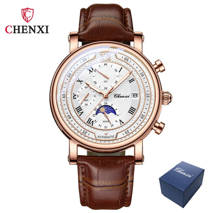 Chenxi 976 Men’s Leather Chronograph Watch – Phase of the Moon, Luminous Quartz Date Timepiece, Business Reloj para Hombres