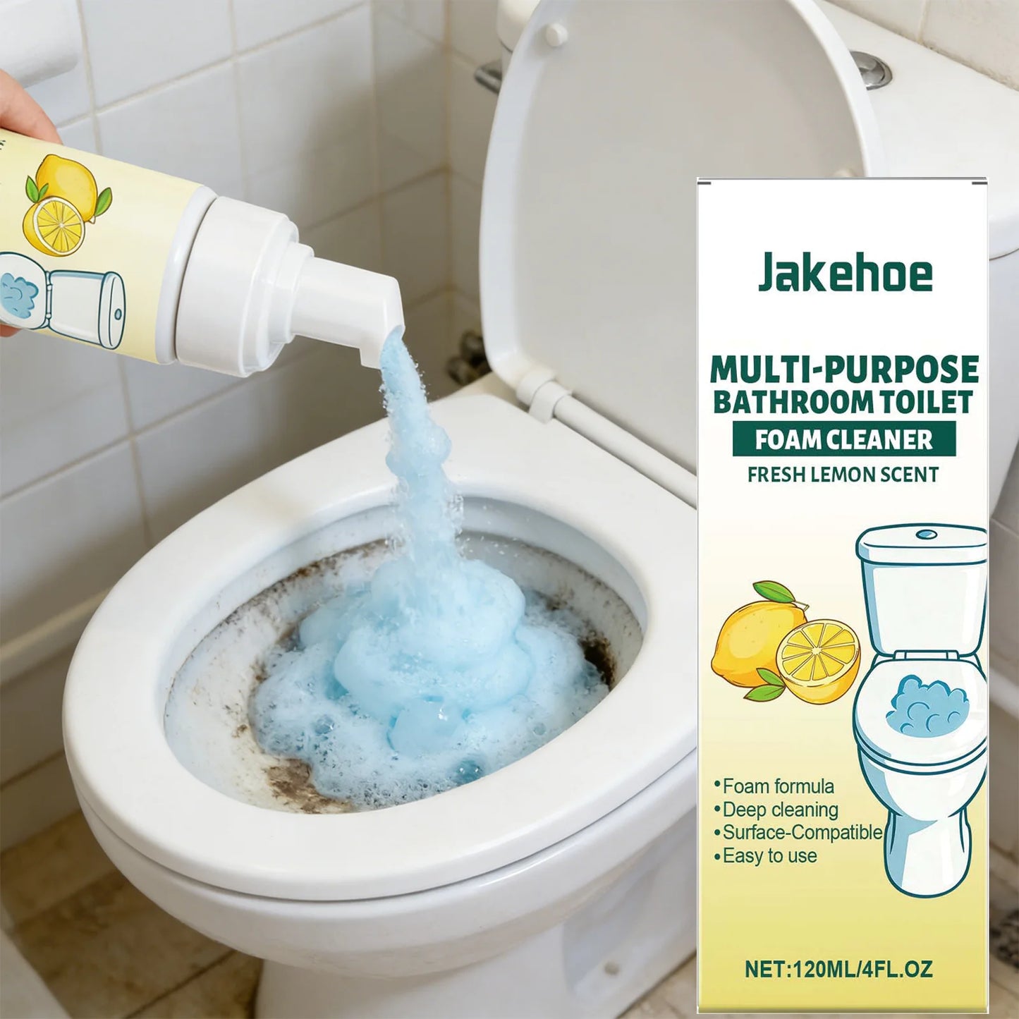 Multi-Purpose Bathroom Cleaner Spray – Active Foam Toilet Deodorizer, Limescale Remover for Tile & Grout with Lemon Fragrance