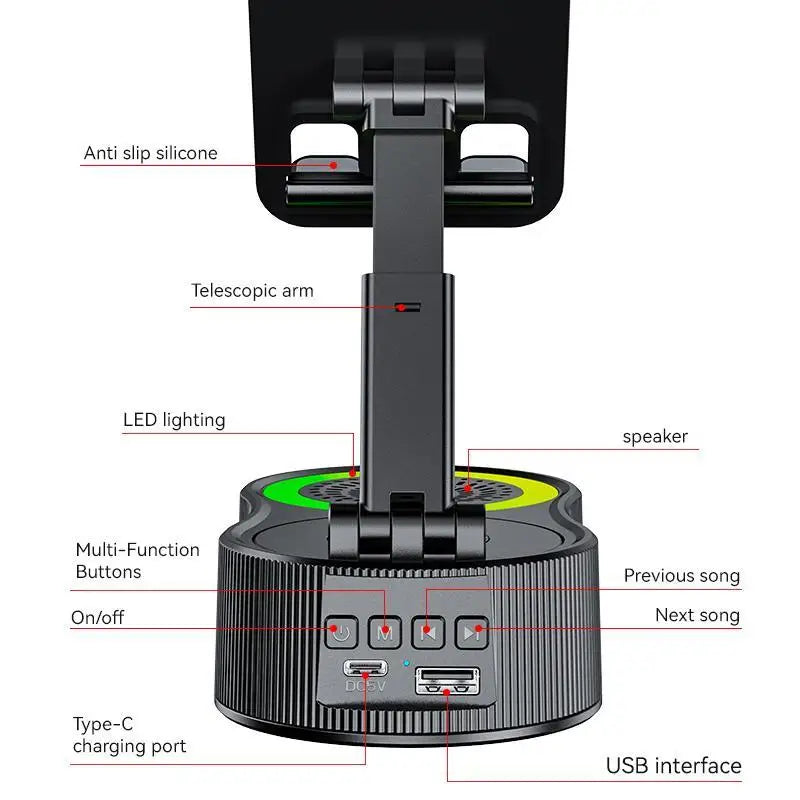 360° Rotatable Phone Stand with Bluetooth Speaker - RGB Light & Height-Adjustable Cell Phone Holder