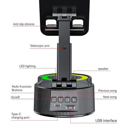 360° Rotatable Phone Stand with Bluetooth Speaker - RGB Light & Height-Adjustable Cell Phone Holder