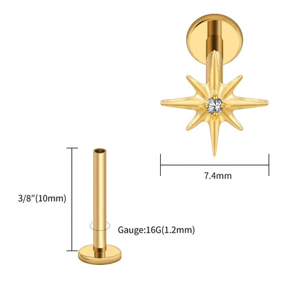 Right Grand ASTM F136 Titanium CZ North Star 16G Flat Back Earring – Tiny Starburst Helix, Cartilage & Earlobe Stud Piercing Jewelry