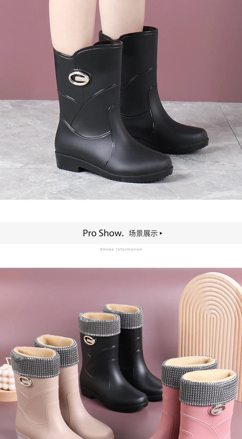 Women’s Fashion Mid-Tube Rain Boots – Wear-Resistant, Waterproof Rubber Shoes with Thick Sole, Non-Slip & Cotton Lining