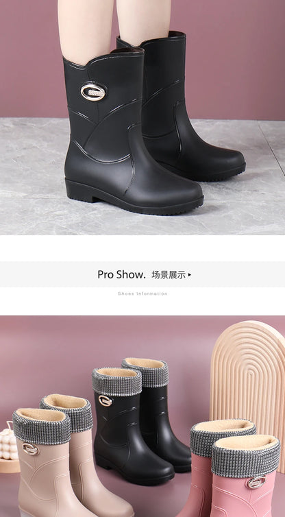 Women’s Fashion Mid-Tube Rain Boots – Wear-Resistant, Waterproof Rubber Shoes with Thick Sole, Non-Slip & Cotton Lining