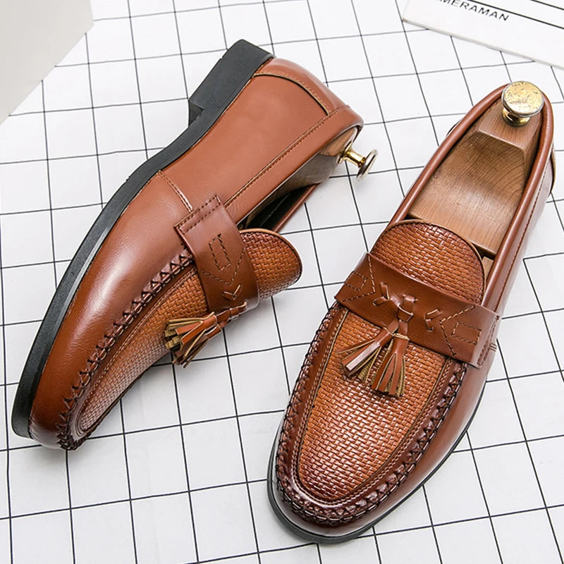 Men’s Leather Brogue Dress Shoes - Casual Business Tassel Loafers for Wedding & Party