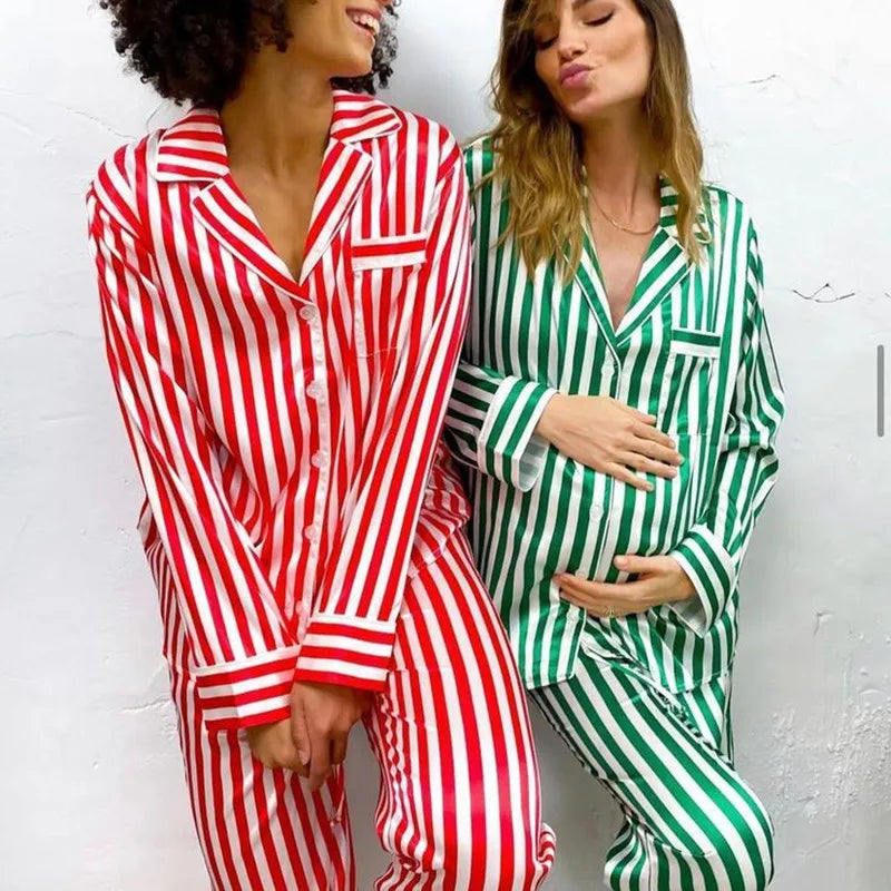 Imcute Women’s Christmas Satin Pajama Set – Long Sleeve Button-Down Top & Loose Lounge Pants Nightwear