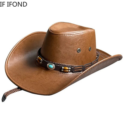 Faux Leather Western Cowboy Hat — Vintage Panama Sombrero Jazz Cap for Men & Women