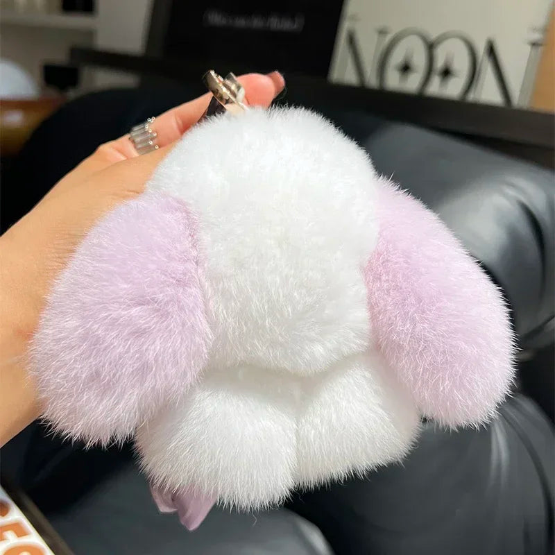 Cute Real Rex Rabbit Fur Keychain – Mini Bunny Pendant Bag Charm & Car Key Ring Plush Toy Gift for Women