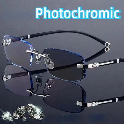 Luxury Diamond-Cut Photochromic Reading Glasses – Rimless Men’s & Women’s Color-Changing Presbyopia Eyewear