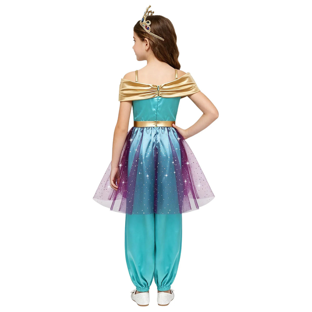 Girls Arabian Princess Costume - Metallic Sequin Bodice Tulle Satin Jumpsuit for Halloween, Carnival & Dance Performances