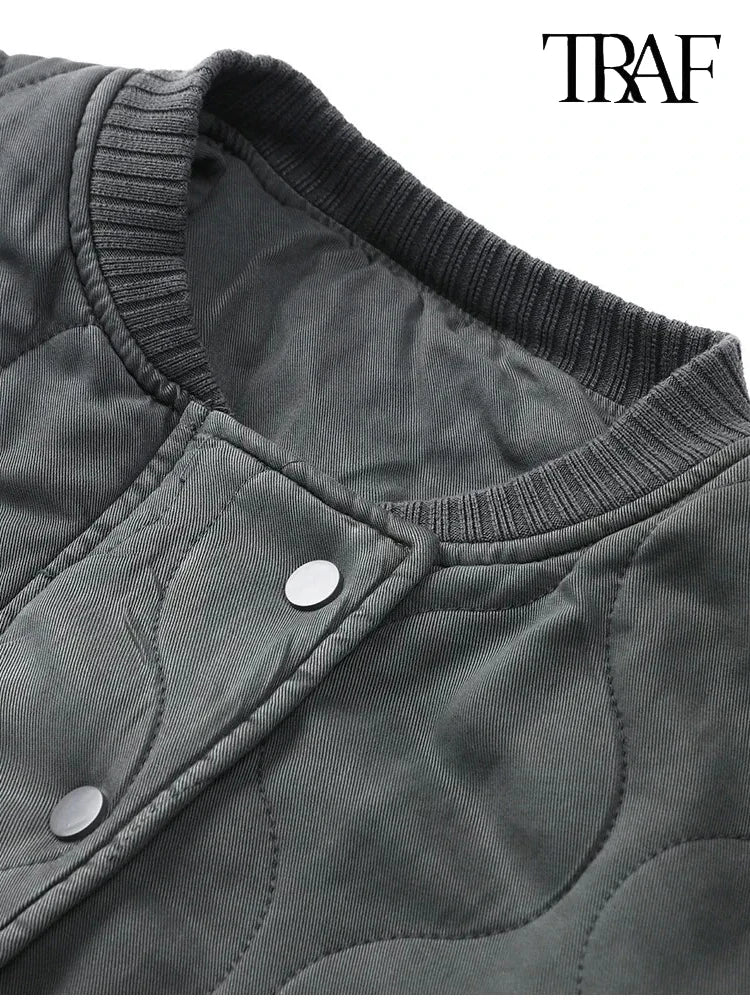 TRAF Women’s Quilted Aviator Jacket – Solid Color Round Collar Long Sleeve Casual Coat