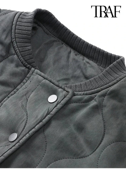 TRAF Women’s Quilted Aviator Jacket – Solid Color Round Collar Long Sleeve Casual Coat