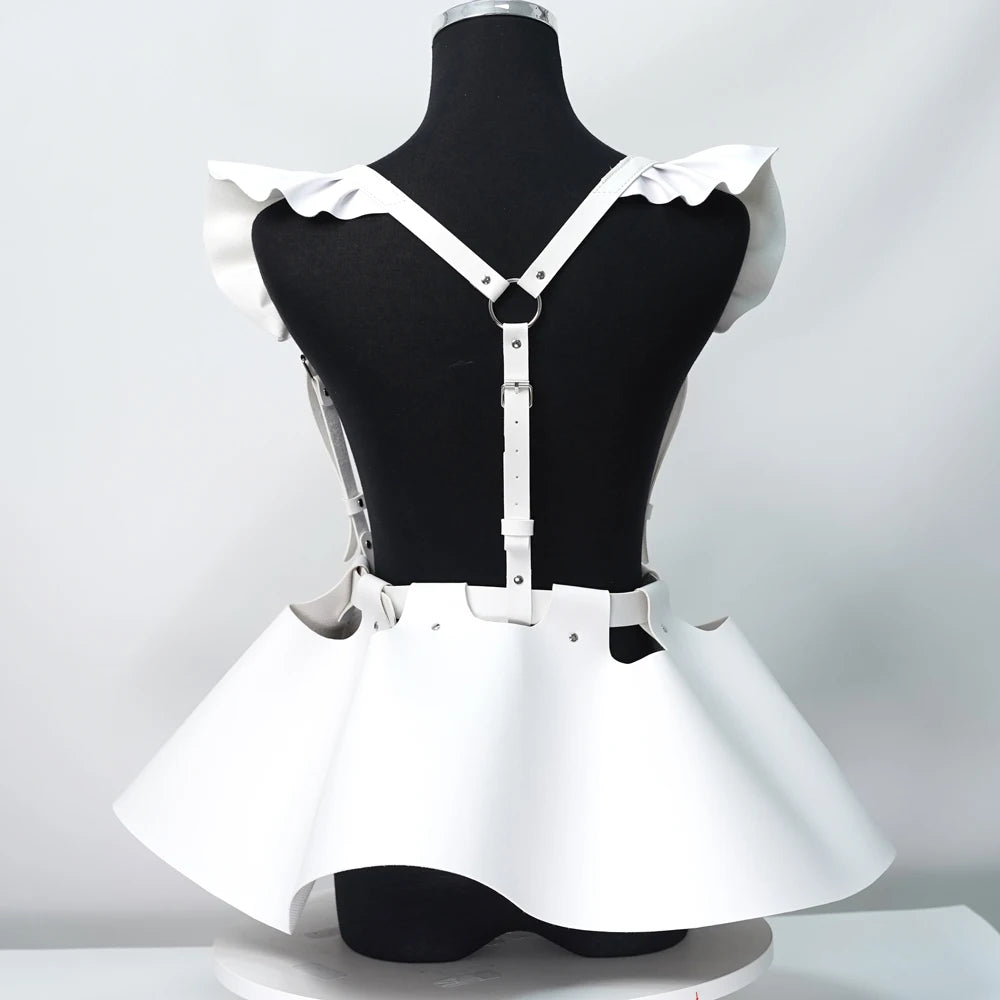 Women’s Gothic Leather Body Harness Belt – Skirt Accessory with Ruffle Hem, Waist & Shoulder Fashion Belt