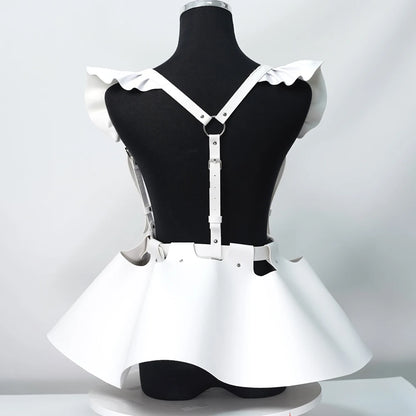 Women’s Gothic Leather Body Harness Belt – Skirt Accessory with Ruffle Hem, Waist & Shoulder Fashion Belt