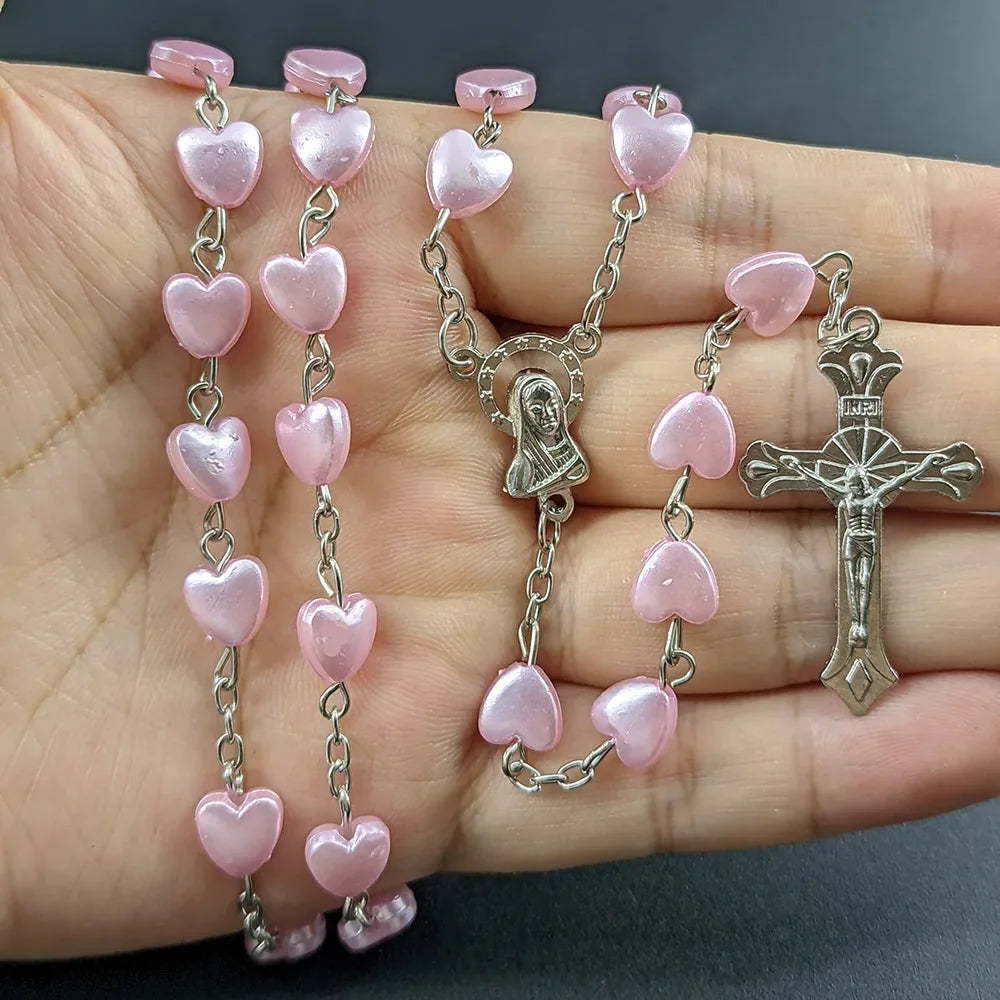 White Heart Rosary Necklace – Virgin Mary Cross INRI Pendant Long Chain Religious Prayer Jewelry for Men & Women Accessories