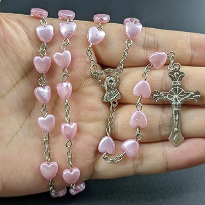White Heart Rosary Necklace – Virgin Mary Cross INRI Pendant Long Chain Religious Prayer Jewelry for Men & Women Accessories