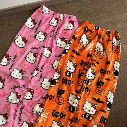Sanrio Hello Kitty Anime Y2K Pajama Pants for Women - Kawaii Woolen Cartoon Casual Home Pants, Perfect for Halloween and Household Dress