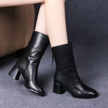 Women’s Versatile Leather Boots - Anti-Slip High Heel Casual Shoes for Fashionable Everyday Wear
