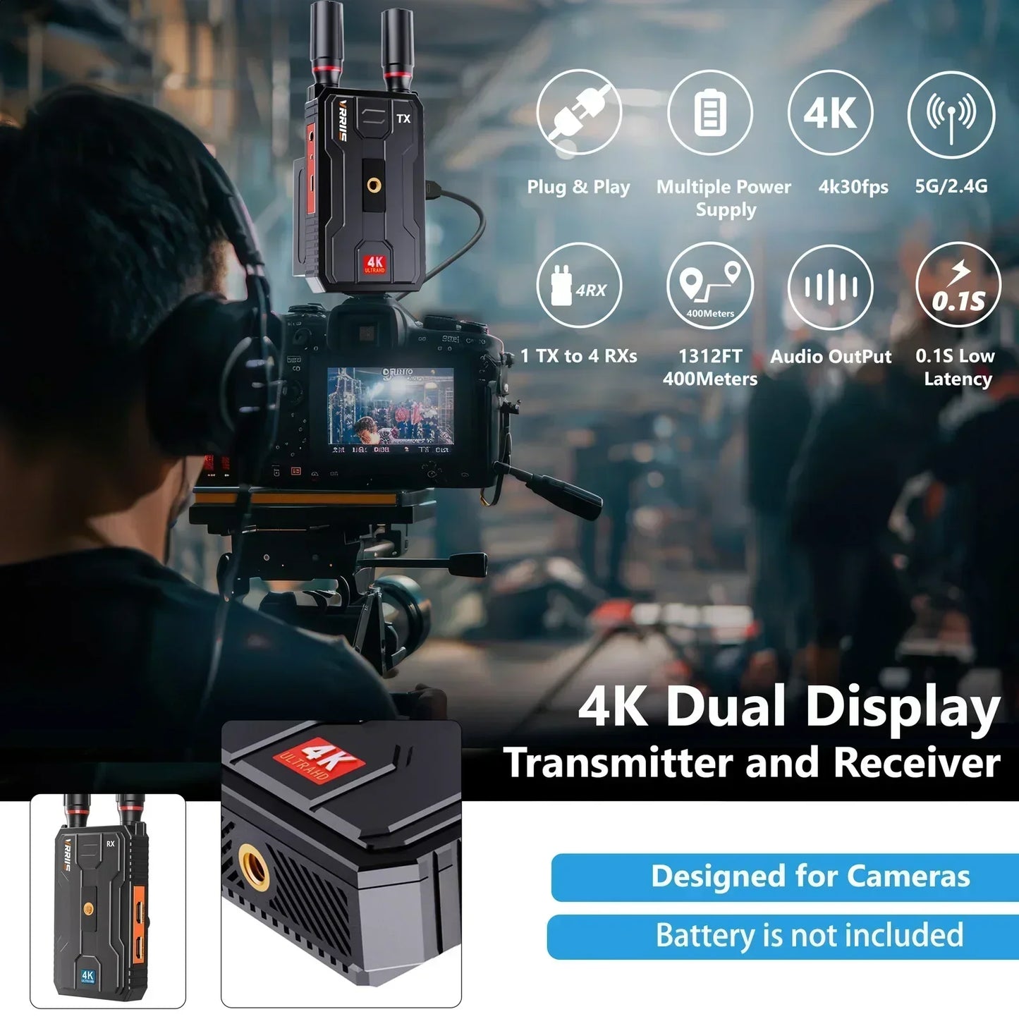 400m 5G 4K Wireless Video Transmitter & Receiver – HDMI Extender, Dual Display Adapter, Battery Support for Wedding Camera & Live Streaming