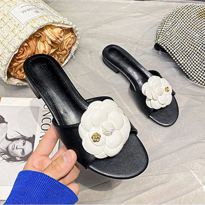 Luxury Women’s Flower Slippers — Camellia Open-Toe Slides for Home & Outdoor, Ladies Flip Flop Sandals