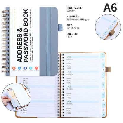 A6 Password Book with PP Coil – English Address & Password Organizer, Thick Horizontal Notebook for Office Use