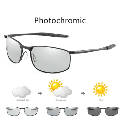 Photochromic Men’s Polarized Sunglasses – Metal Square Frame, UV400 Protection for Driving, Sports & Cycling