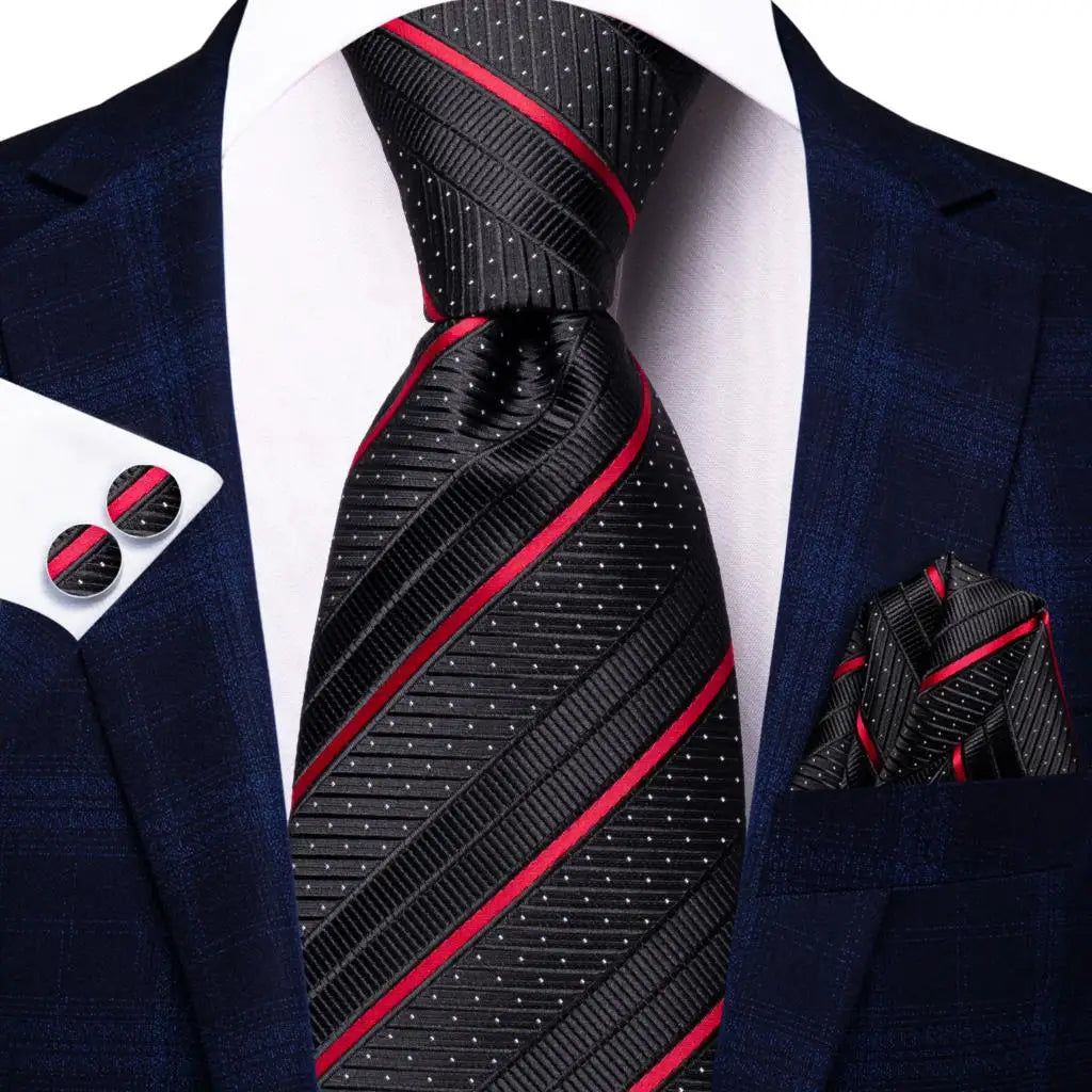 Hi-Tie Red Burgundy Plaid Silk Tie Set — Designer Men’s Necktie with Handkerchief & Cufflinks for Wedding or Business