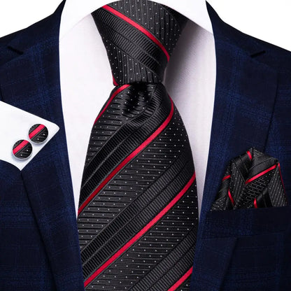 Hi-Tie Red Burgundy Plaid Silk Tie Set — Designer Men’s Necktie with Handkerchief & Cufflinks for Wedding or Business