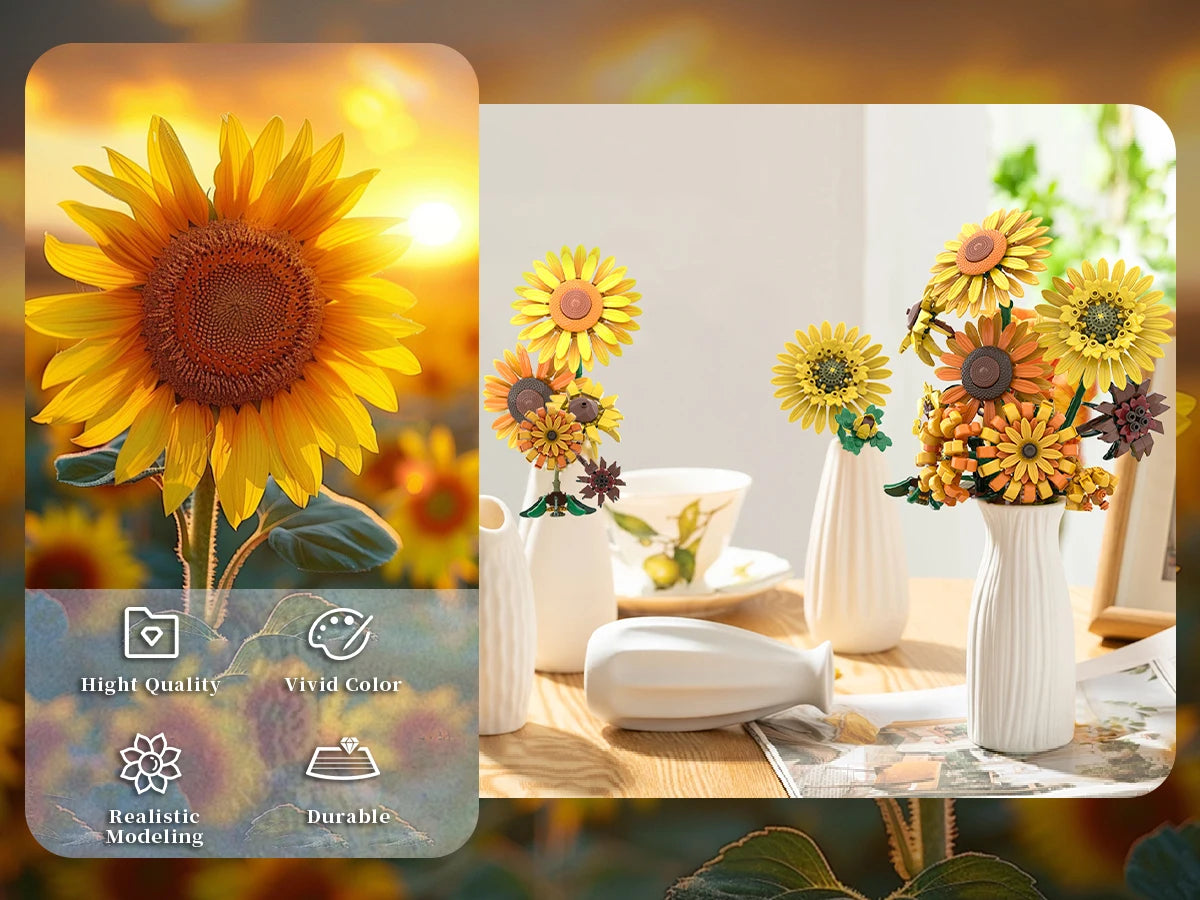 1009PCS Sunflower Building Blocks Set – Flower Bouquet Vase Model for Home Decor & Kids Educational Holiday Gifts