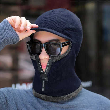 New Men's Winter Wool Hat with Ear Protection - Warm Thick Knitted Cap with Scarf and Windproof Visor for Outdoor Activities