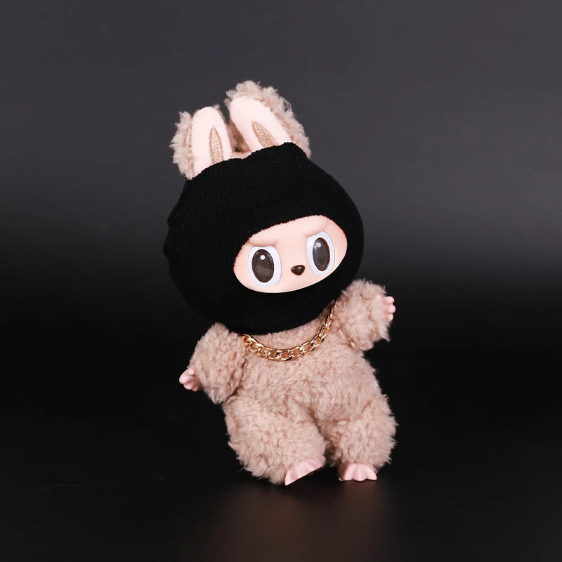 Labubu Doll Accessories – Trendy Black Knit Hat & Necklace Set, Cute and Funny Street Fashion Style