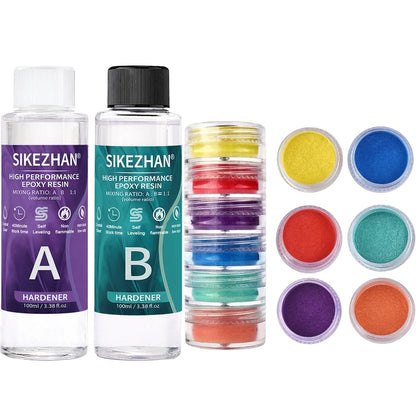 Crystal Clear Epoxy Resin Kit - AB Resin Glue with 6 Color Mica Powder for DIY Jewelry, Nail Art, Soap & Crafts