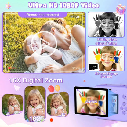 Children's Mini Digital Camera – Thermal Printing, Image Stabilization & 32GB Card Included
