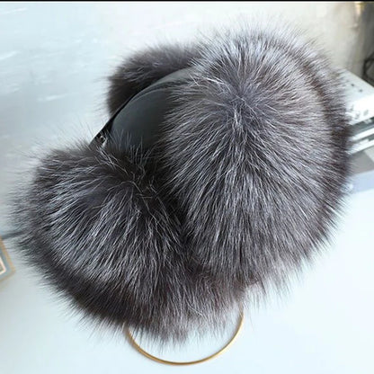 Natural Raccoon & Fox Fur Russian Ushanka Hat – Women’s Black Winter Bomber Cap with Ear Flaps