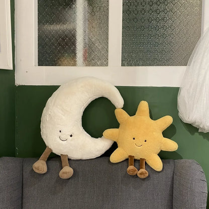 Smile Face Moon & Sun Plush Cushion – Cute Weather Stuffed Toy for Kid's Bedroom Decor & Sofa Throw Pillow