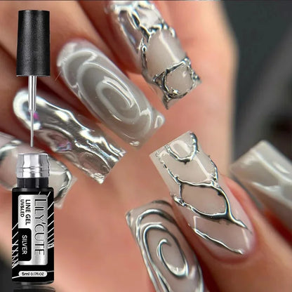 LILYCUTE 5ml Silver Metallic Liner Gel Polish – Super Bright UV Nail Art Stripe & Drawing Paint Varnish, Mirror Effect Graffiti Gel