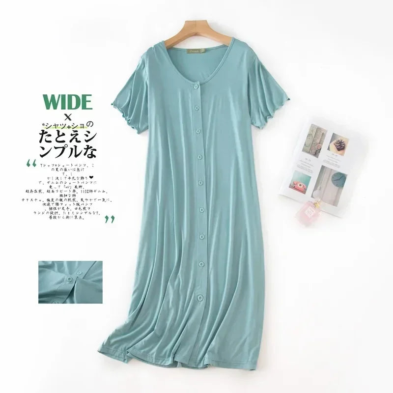 Women’s Modal Short-Sleeve Night Dress – Mid-Length Cotton Sleep Top with Buttons, Plus Size Pajamas