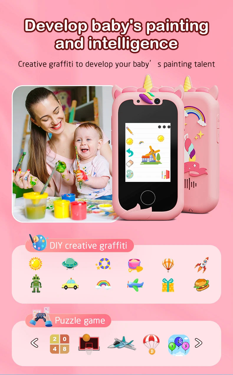 Children's Educational Phone Toy – Musical Unicorn Baby Mobile with Selfie Camera, 512MB TF Card, Birthday Gift for Babies