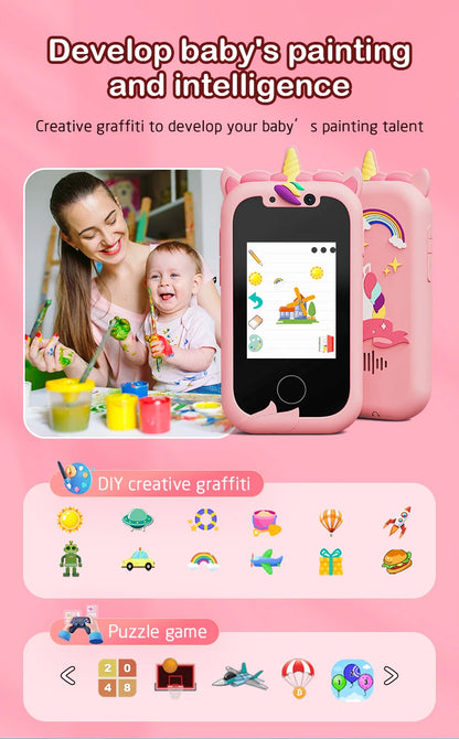 Children's Educational Phone Toy – Musical Unicorn Baby Mobile with Selfie Camera, 512MB TF Card, Birthday Gift for Babies