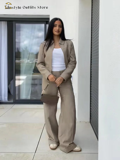 Women’s Cotton Linen Trousers Set — Casual Lapel Crop Top & Straight Pants Streetwear Spring Autumn Outfit