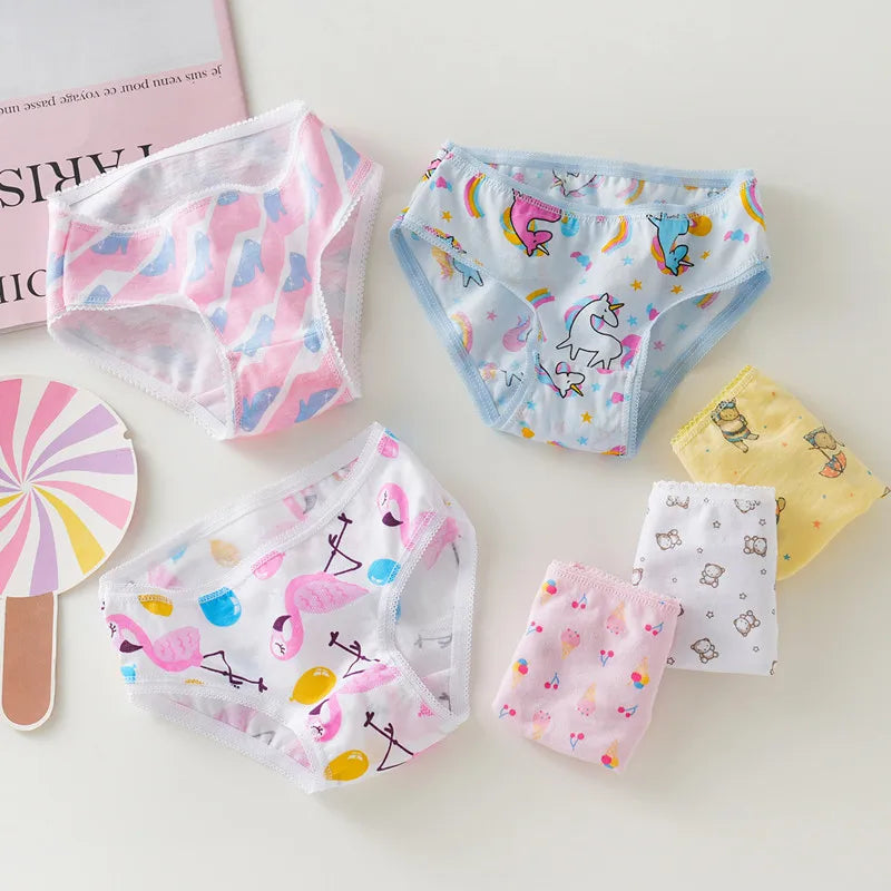 3/6/9/12 Pcs Cotton Girls Kids Underwear - Cute Cartoon Print Briefs with Lace Trim Soft Children Short Panties
