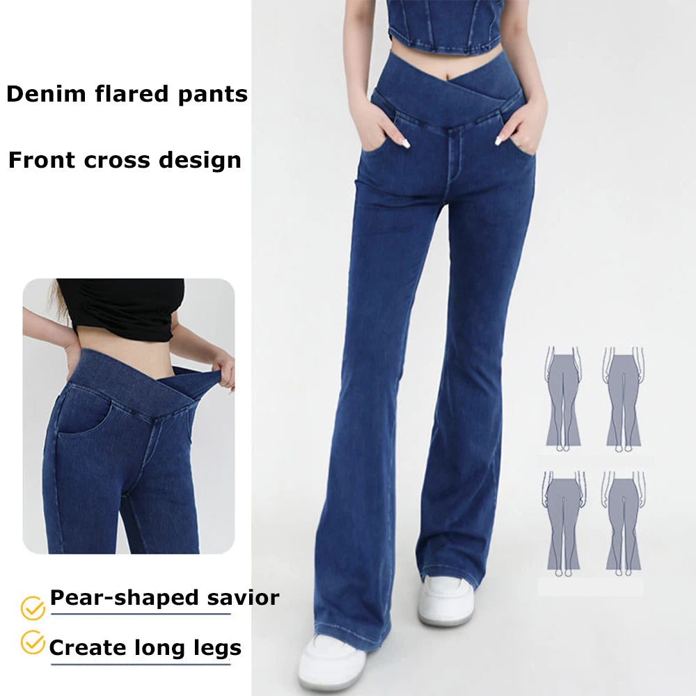 Women's High Waist Flare Leggings - Stretch Denim Yoga Pants for Fitness & Casual Wear