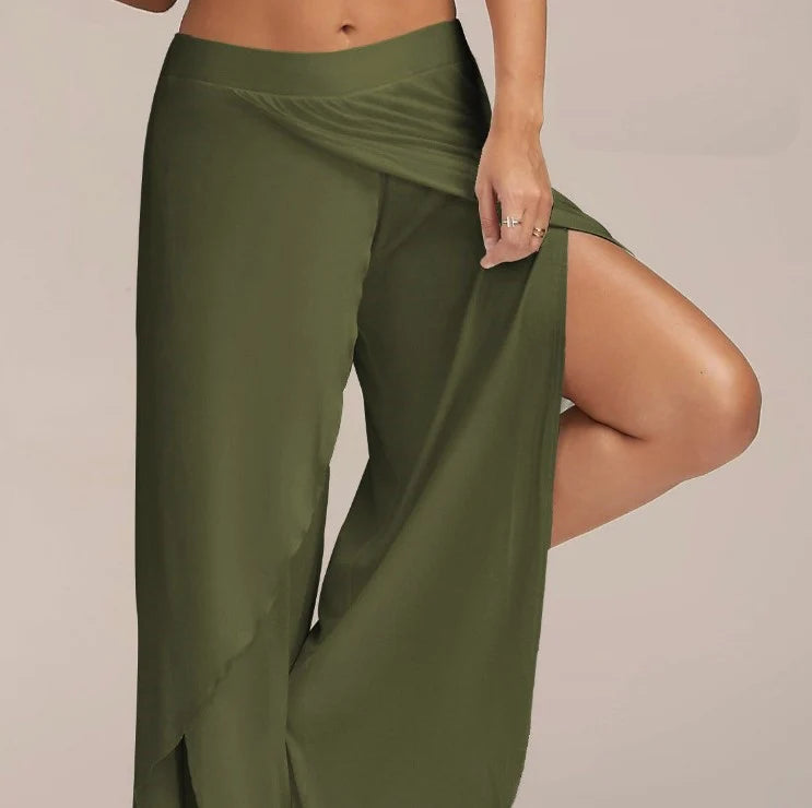 Women’s Plus Size Wide Leg Yoga Pants – Loose Fit Split Hem Dance & Fitness Trousers Elastic Waist Casual Summer Workout Wear