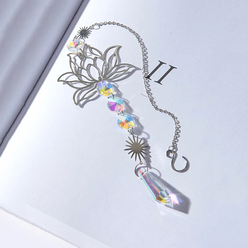 Metal Lotus & Crystal Suncatcher Charm – Handmade Wind Chime Pendant for Home, Garden, and Outdoor Decoration