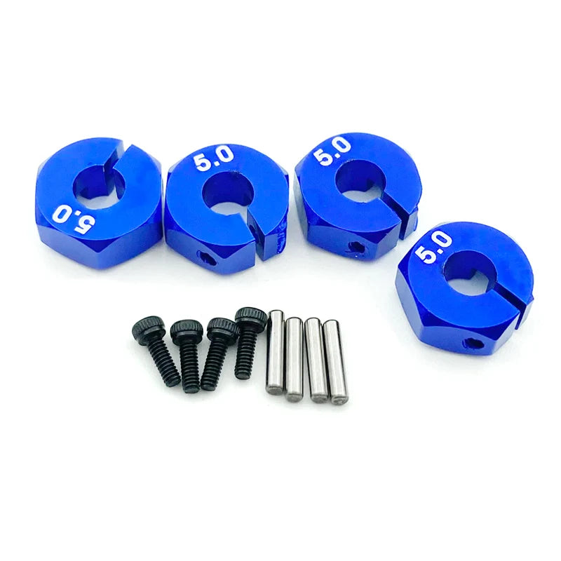 4PCS Aluminum Wheel Hex Hubs — 12mm Drive with Pins & Screws, 5/6/7mm Thickness for RC Cars, Crawlers, HSP, Tamiya, SCX10 & Slash