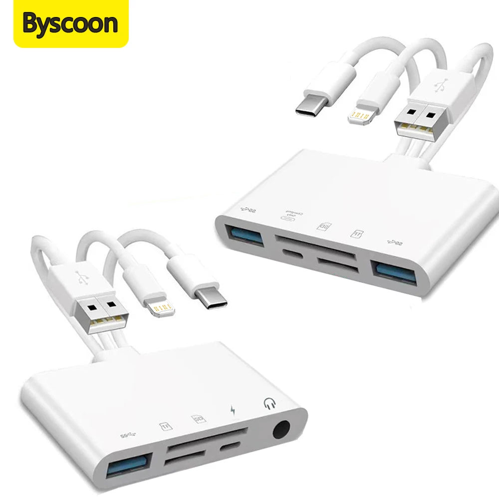 5-in-1 USB-C & Lightning Card Reader – SD/Micro SD OTG Adapter with Charging Port for iPhone, iPad, Android, Laptop & PC