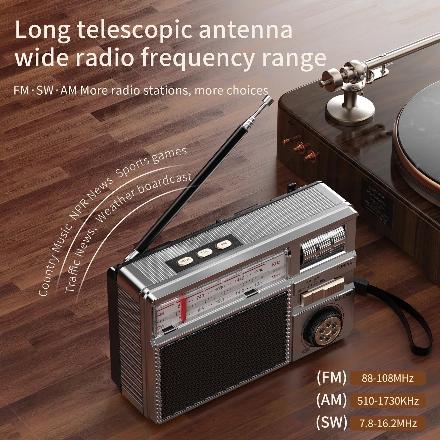 Retro All-Band Portable Radio – Wireless Audio, Solar & Multi-Mode Charging, Long Battery Life Outdoor Emergency Radio with Multiple Playback Modes