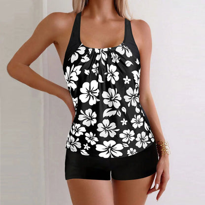 Women’s Floral Tankini Swim Set - Adjustable Strap Vest Top & Drawstring Shorts Bikini Beachwear for Summer