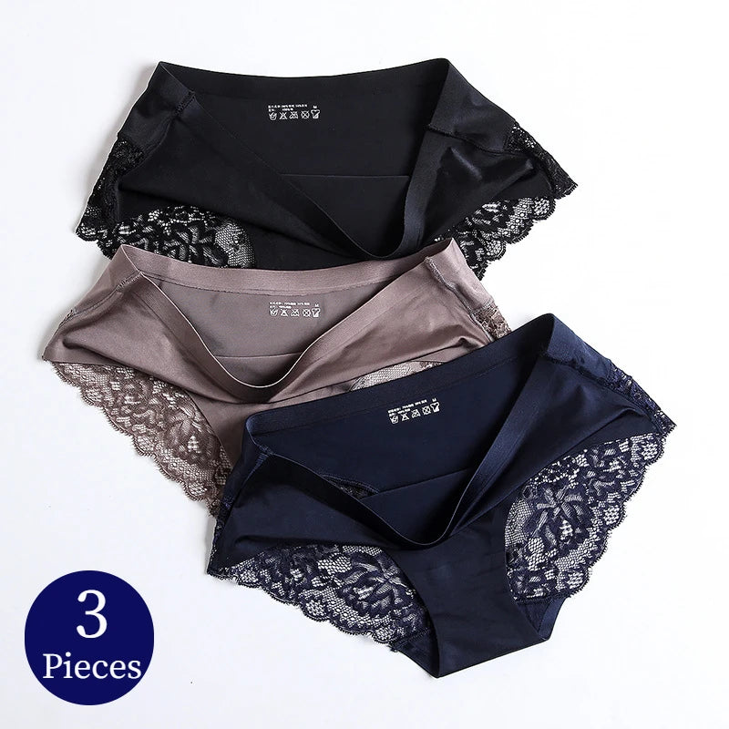 TrowBridge 3PCS Women’s Lace Panties Set — Sexy Silk Satin Underwear, Soft Cozy Big-Size Lingerie Briefs