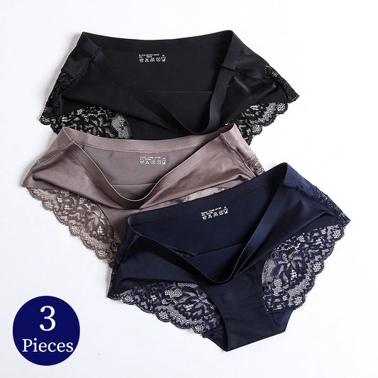 TrowBridge 3PCS Women’s Lace Panties Set — Sexy Silk Satin Underwear, Soft Cozy Big-Size Lingerie Briefs