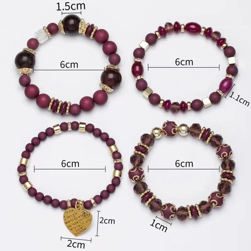 Bohemian Acrylic Beaded Bracelet Set – Solid Heart Charm Elastic Bangles for Women & Men, Retro Daily Wear Jewelry Gift